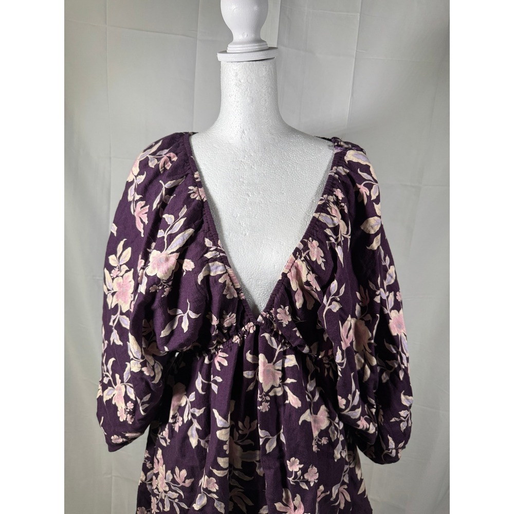 Free People Floral V Neck Puff Sleeve Mini Dress Purple Size S